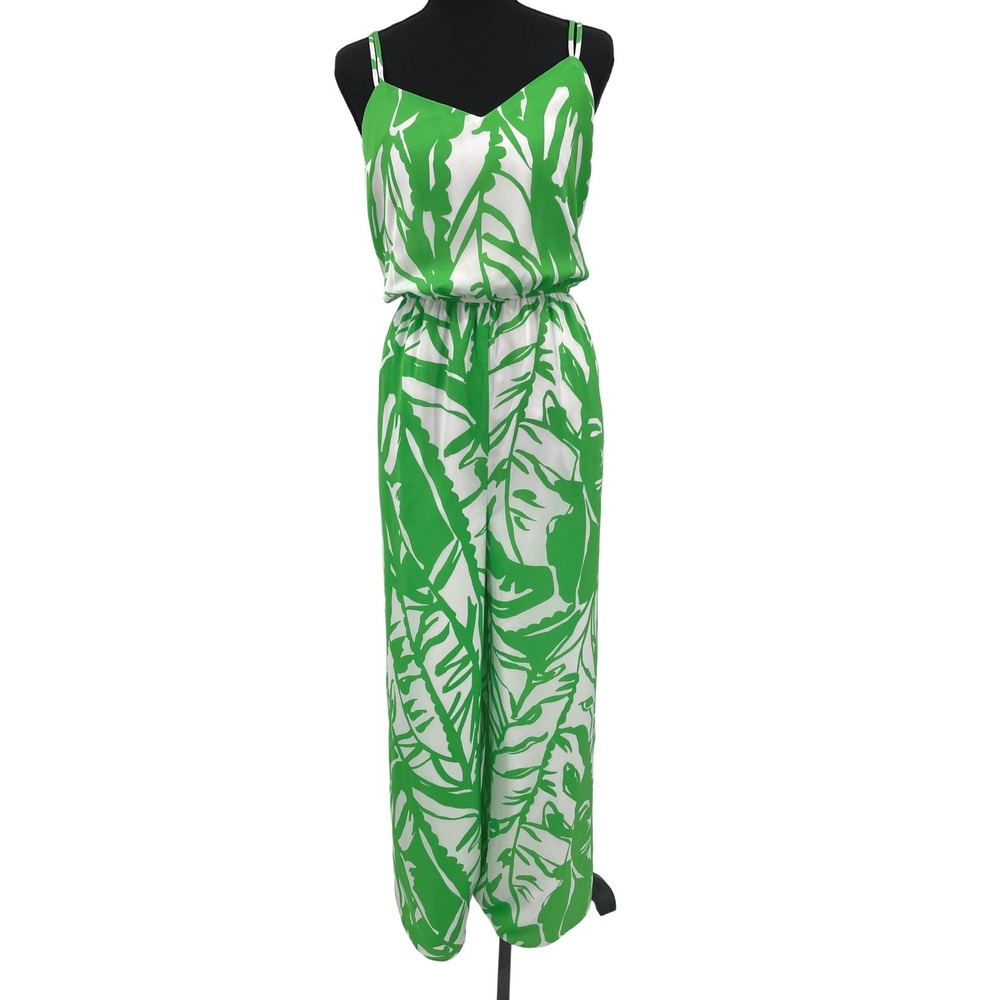 Lilly Pulitzer Boom Boom Jumpsuit Womens M Green White Palm Print Tropical Boho